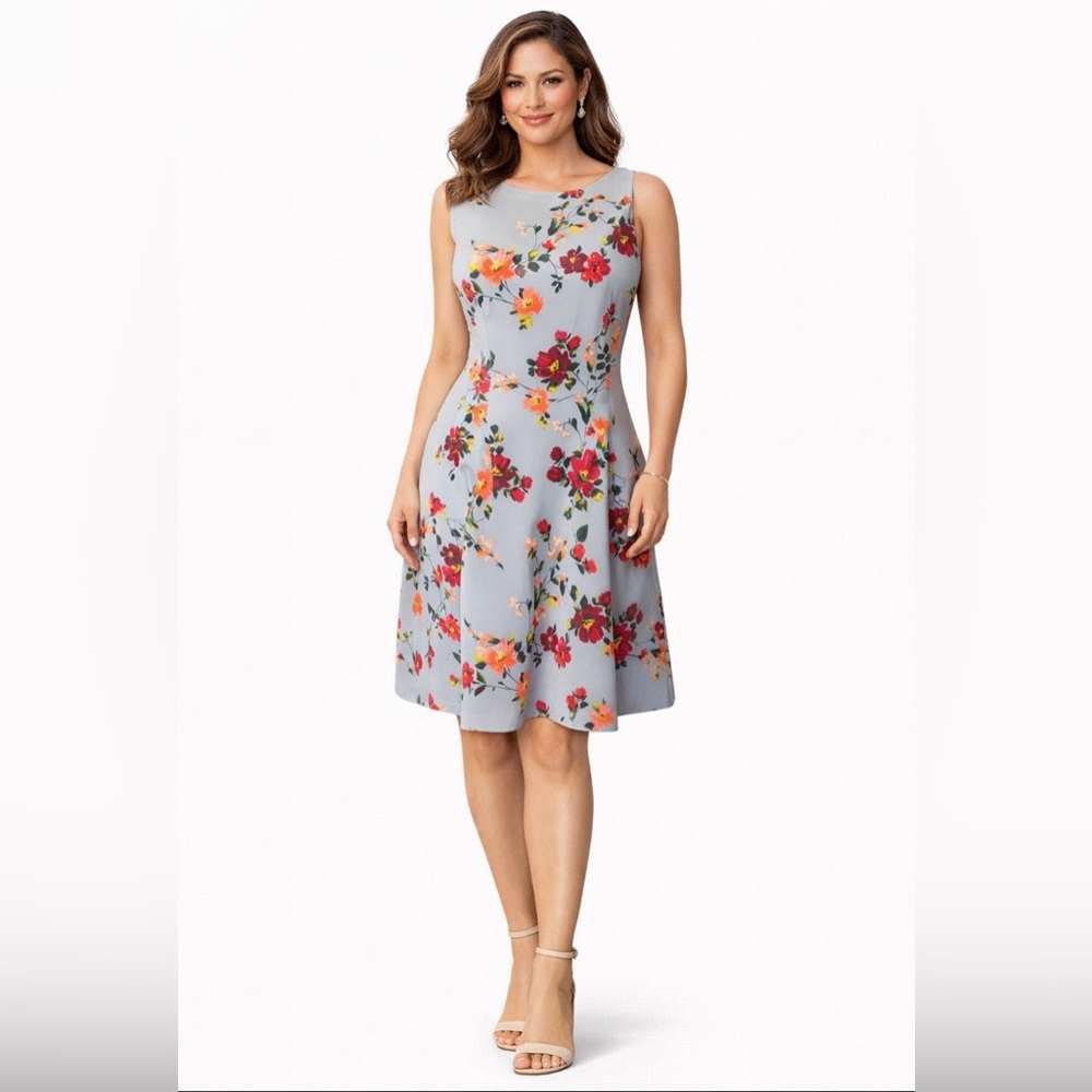 Vince Camuto Dress 12 Blue Orange Floral Stretch Short Sleeve Washable NEW